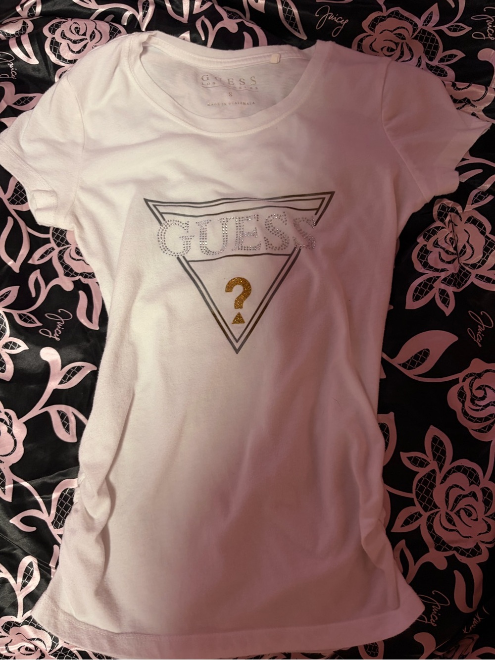 Guess White Short Sleeve Logo Tee with Gold Accent